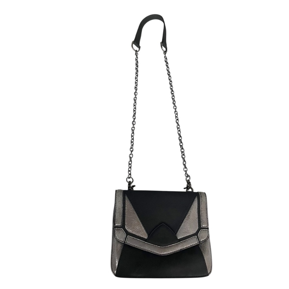 Botkier Crossbody Bag Black Leather Silver Chain Strap Flap Top Shoulder Purse